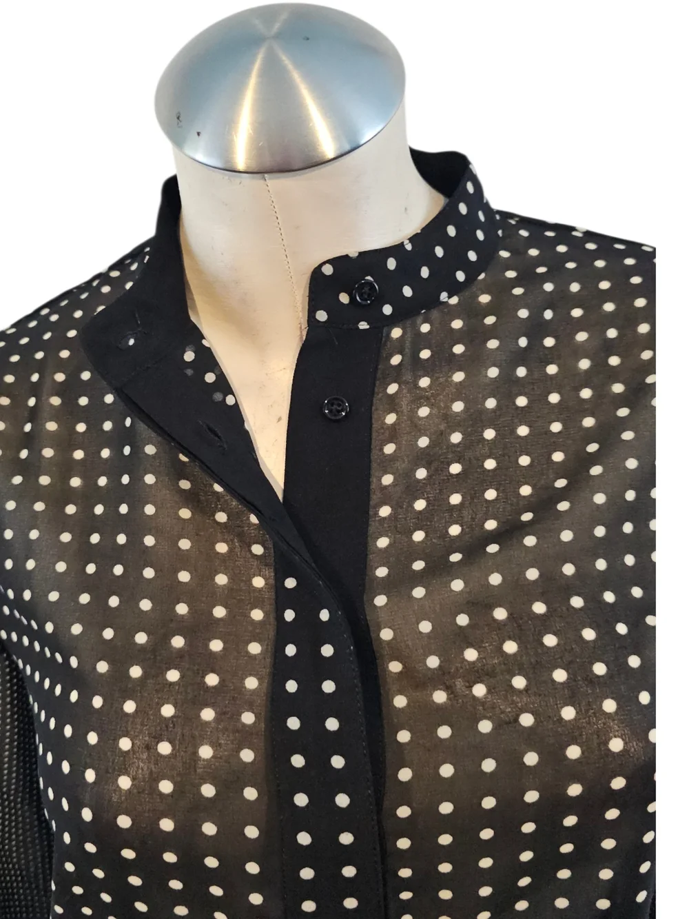 Anne Klein Size 0 Semi Sheer Blouse Black Off White Polka Dots - Picture 2 of 7